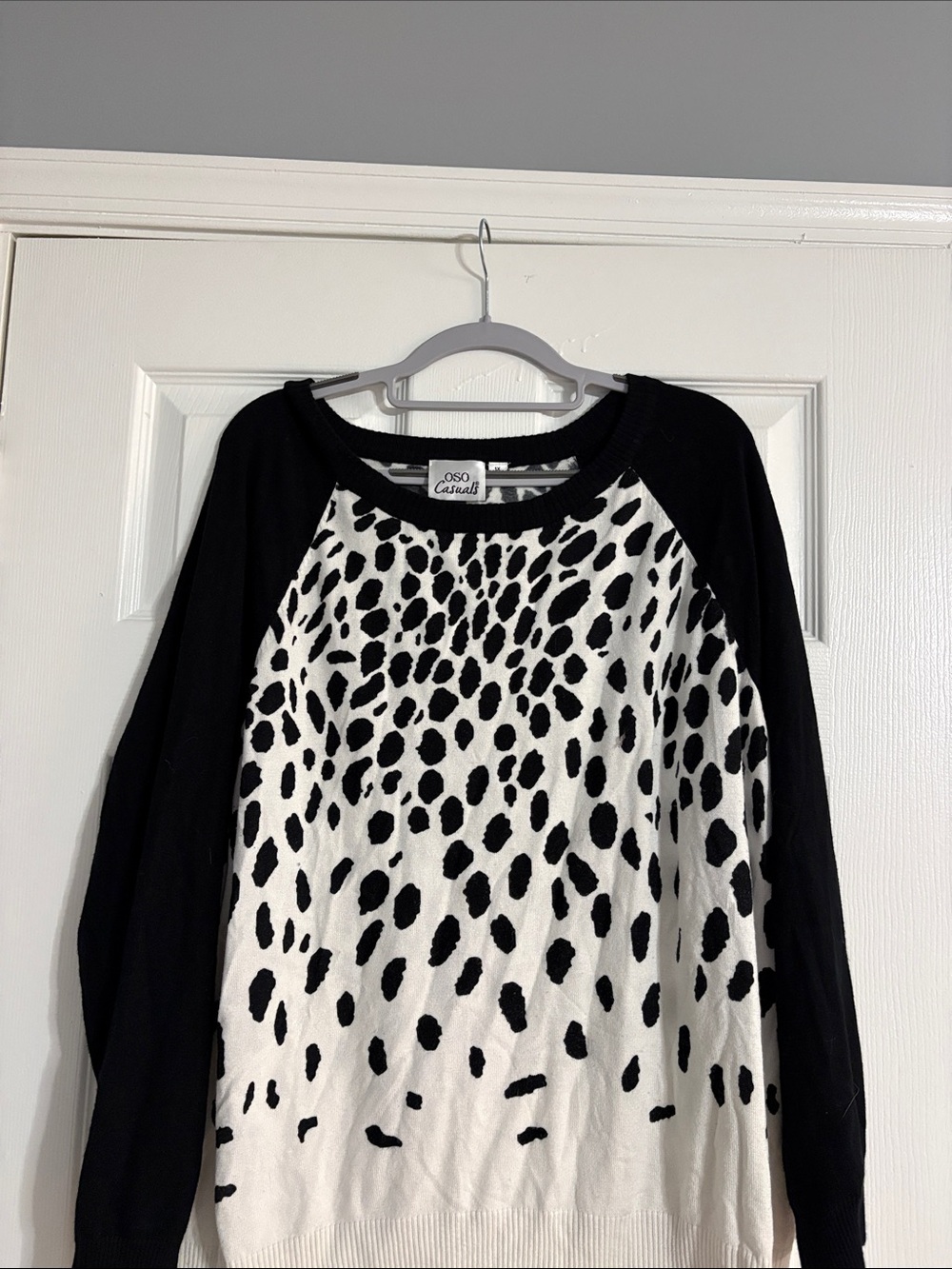 OSO Casual Black & White Crew Neck Leopard Print Sweater. Soft and comfortable